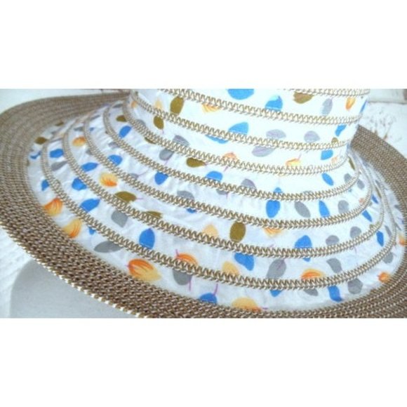 Vintage white cotton straw woven leaf print floppy sun hat main image 2